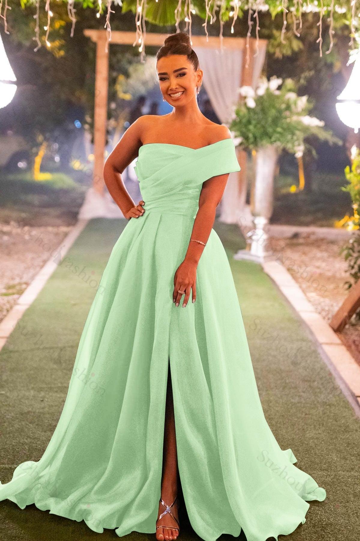Dark Green Prom Dress Strapless One Shoulder Mermaid Front Split Evening Formal Dress with Bowknot