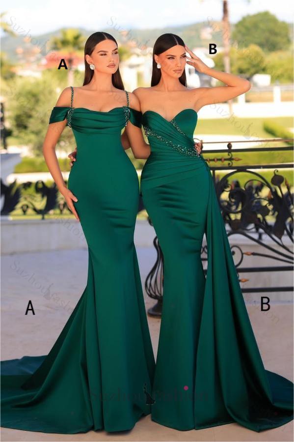 Dark Green Prom Dress Sweetheart Mermaid Satin Formal Dress with Beadings