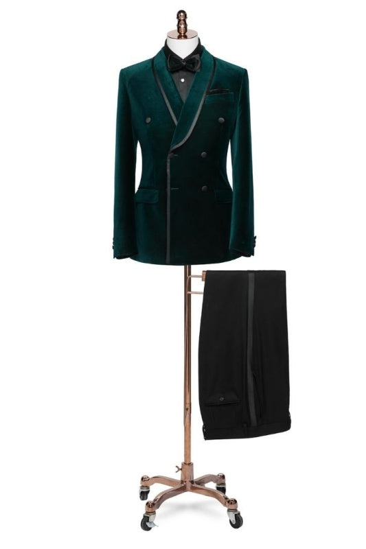 Dark Green Shawl Lapel Double Breasted Velvet Wedding Suit