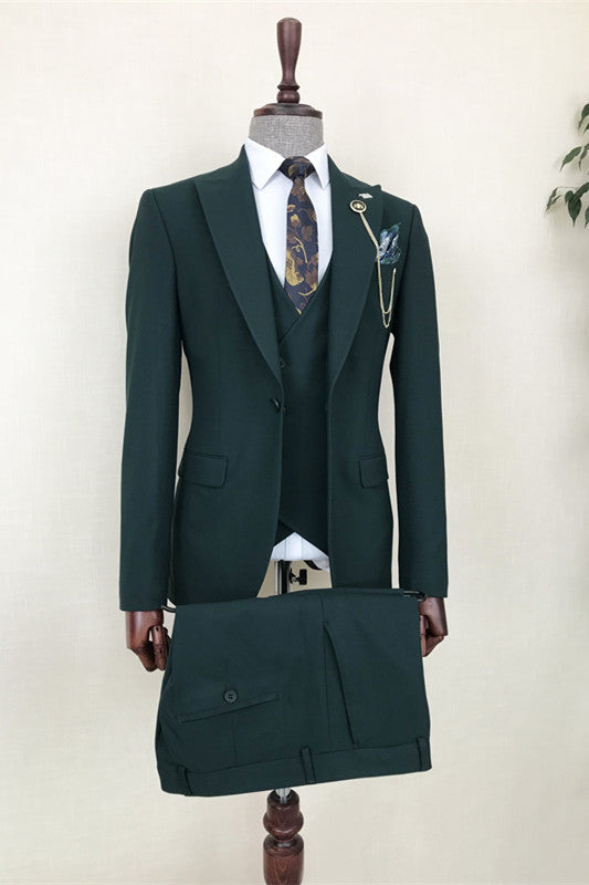 Dark Green Three Piece Peaked Lapel Business Suit