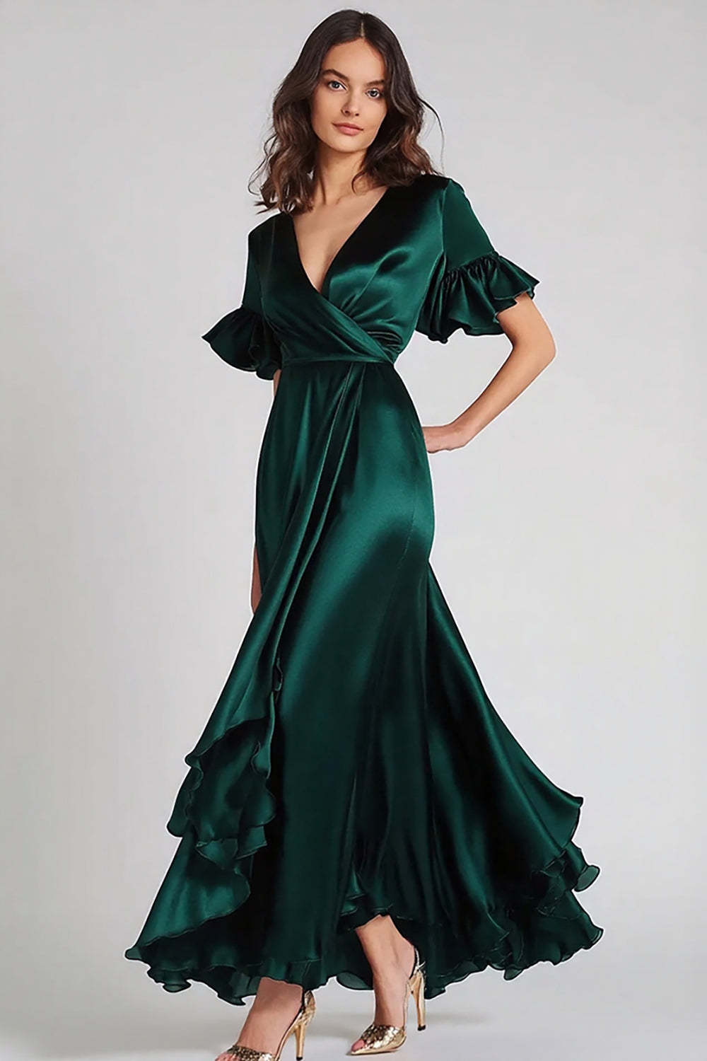Dark Green Wedding Guest Dress V-Neck Satin Long Formal Dress With Ruffles