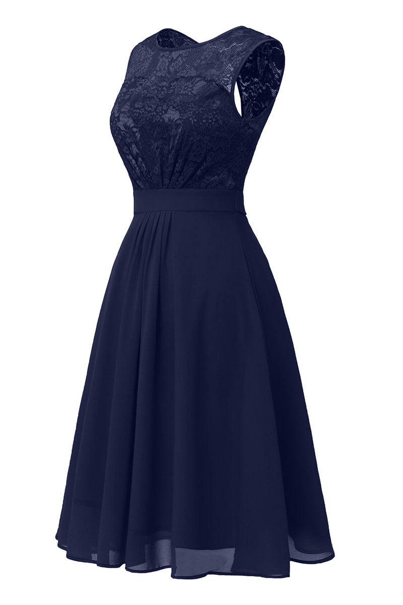 Dark Navy A-line Lace Homecoming Dress - Fashionpara