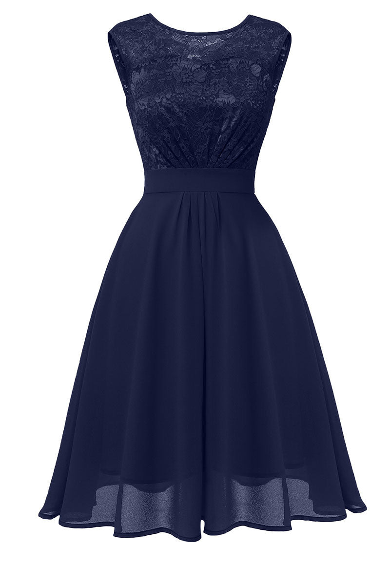 Dark Navy A-line Lace Homecoming Dress - Fashionpara