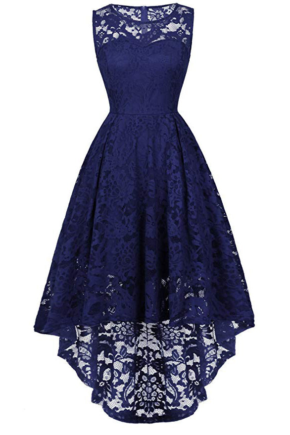 Dark Navy A-line Lace Sleeveless High Low Prom Dress - Fashionpara