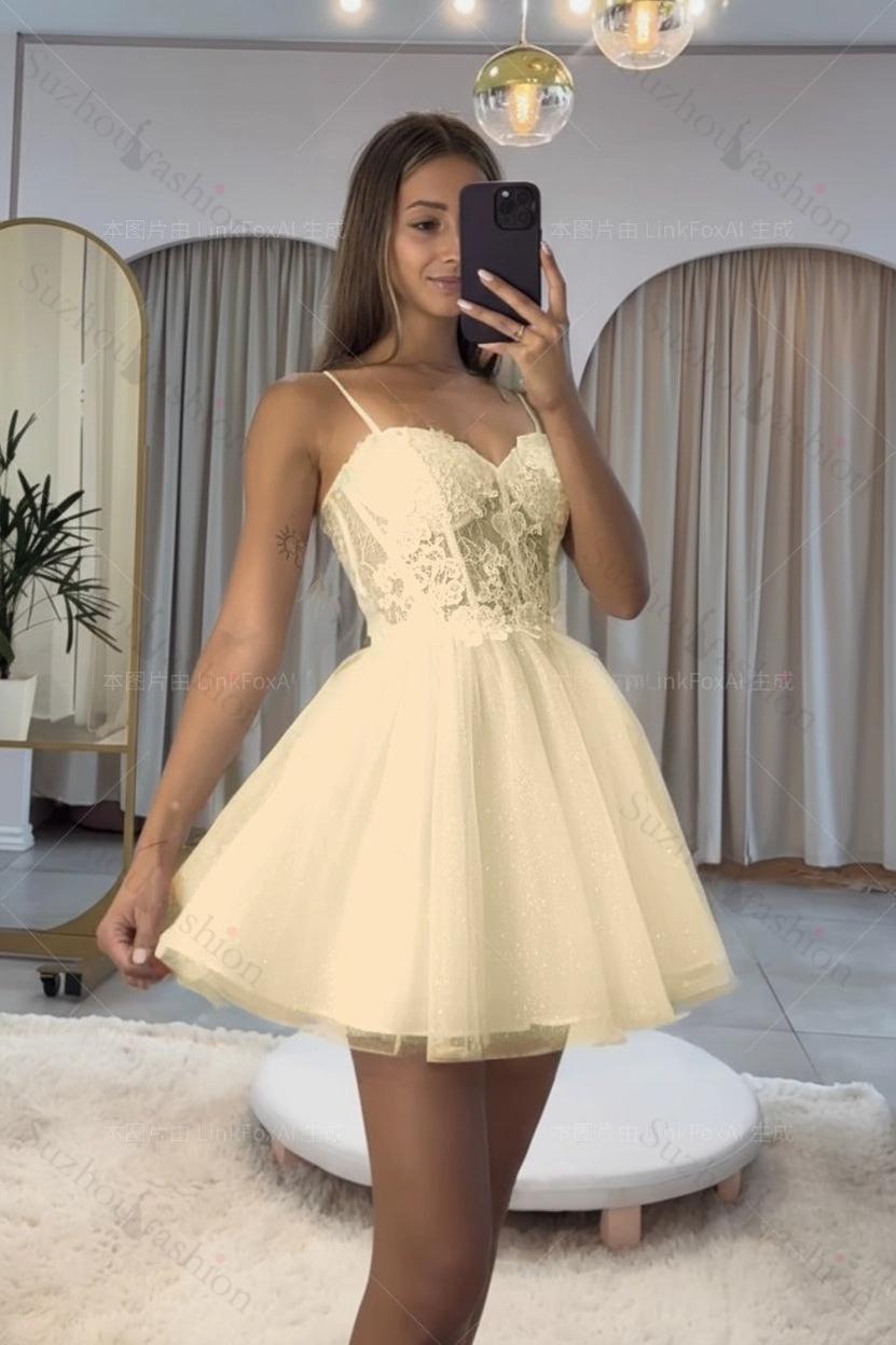 Dark Navy Spaghetti Strap Sleeveless Short A-Line Homecoming Dress With Appliques