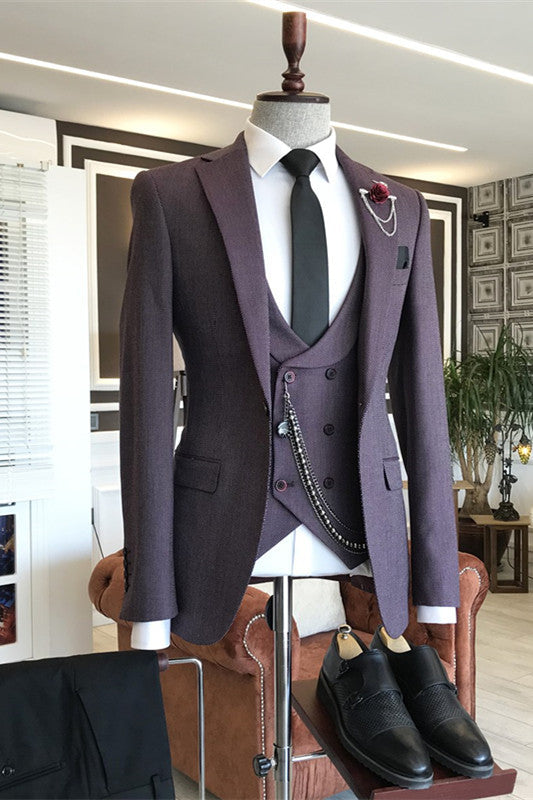 Dark Purple Three Piece Peaked Lapel Prom Suit