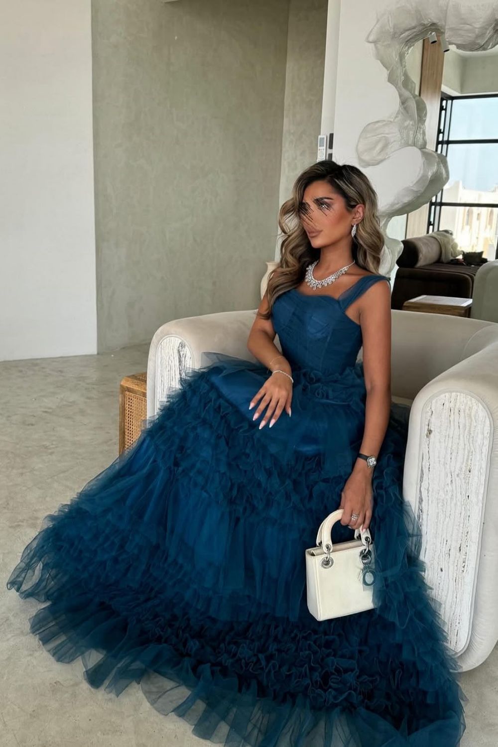 Dark Blue A-Line Straps Long Ruffle Tulle Formal Party Dress