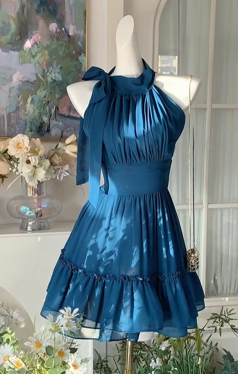 Dark Blue A-Line Chiffon Homecoming Dress Ruffled Party Dress