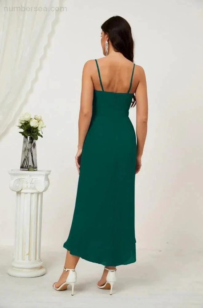ZapDress Spaghetti Chiffon V Neck Bridesmaid Dress Mid-Length Slit Formal Prom Dress Homecoming Dress 2803 (ZD16952)