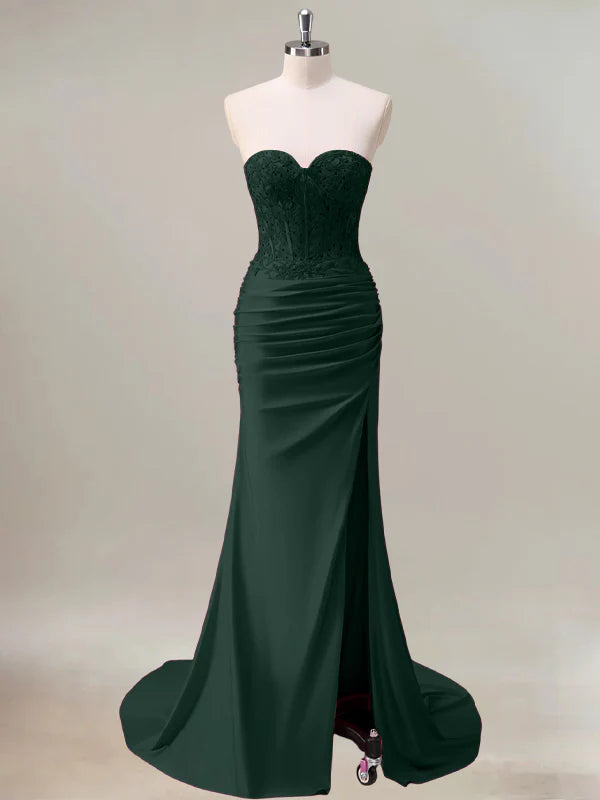 Dark Green Mermaid Strapless Ruched Corset Long Prom Dress With Slit - FashionDia
