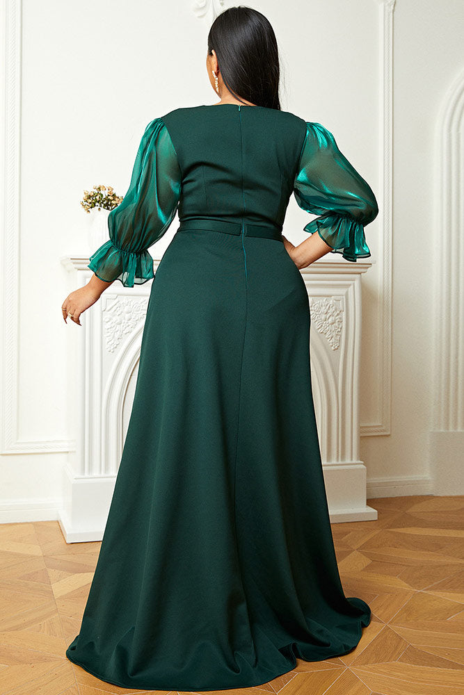 Plus Size Dark Green A-Line Plunging Formal Prom Dresses - Fashionpara