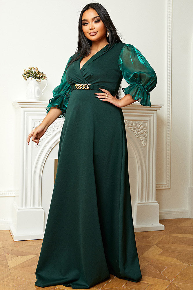 Plus Size Dark Green A-Line Plunging Formal Prom Dresses - Fashionpara