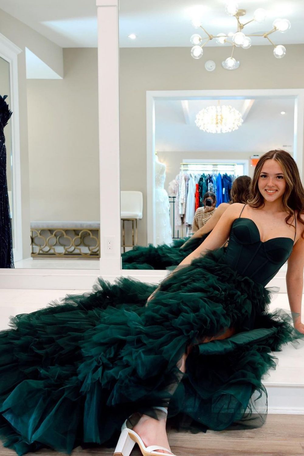 Dark Green A-Line Spaghetti Straps Long Tulle Prom Dress with High Slit