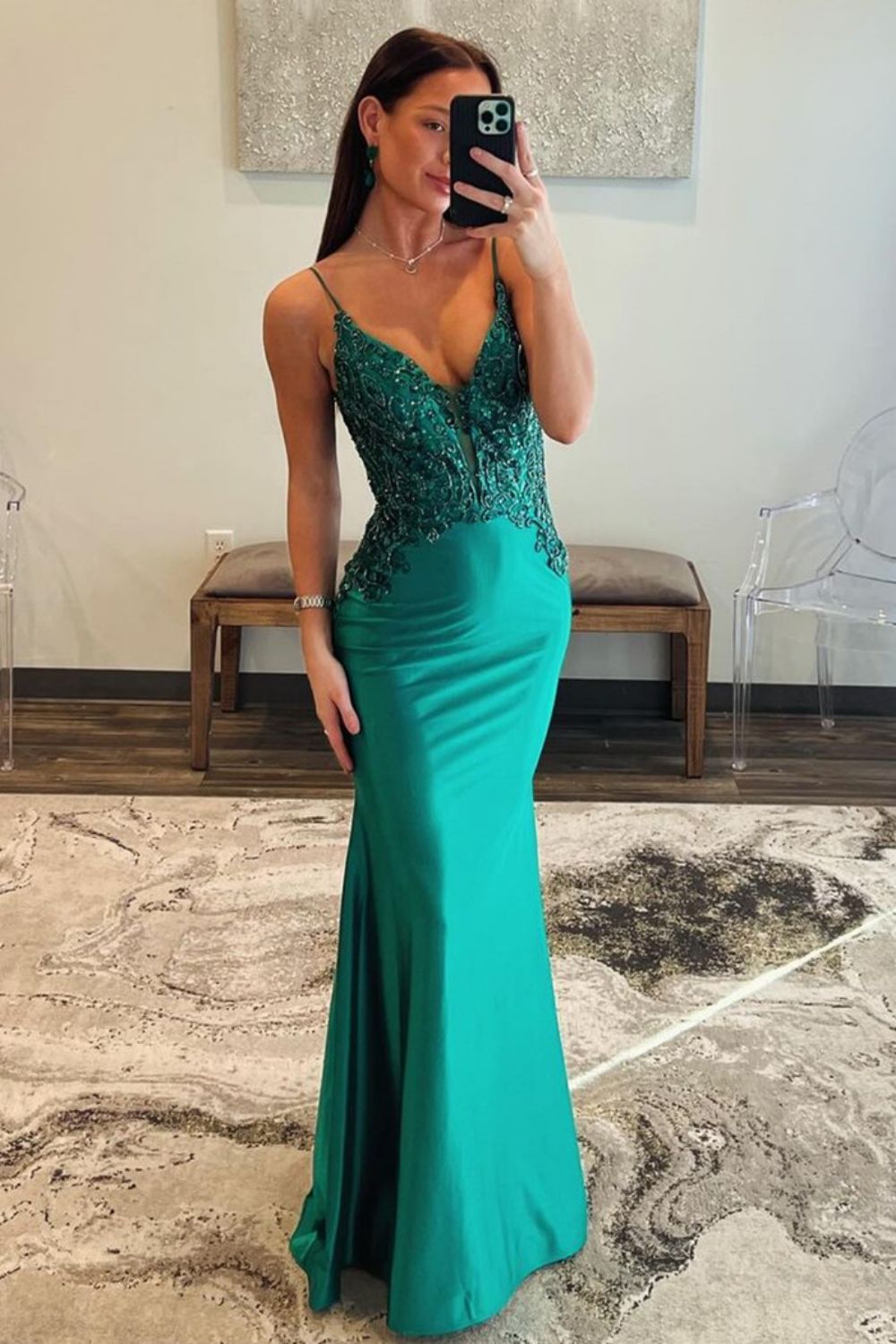 Satin Dark Green Spaghetti Straps Mermaid Open Back Prom Dress With Beading - FashionDia