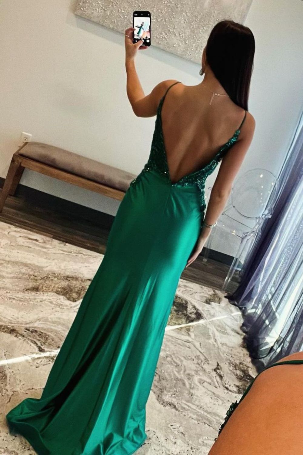 Satin Dark Green Spaghetti Straps Mermaid Open Back Prom Dress With Beading - View 2 | FashionDia