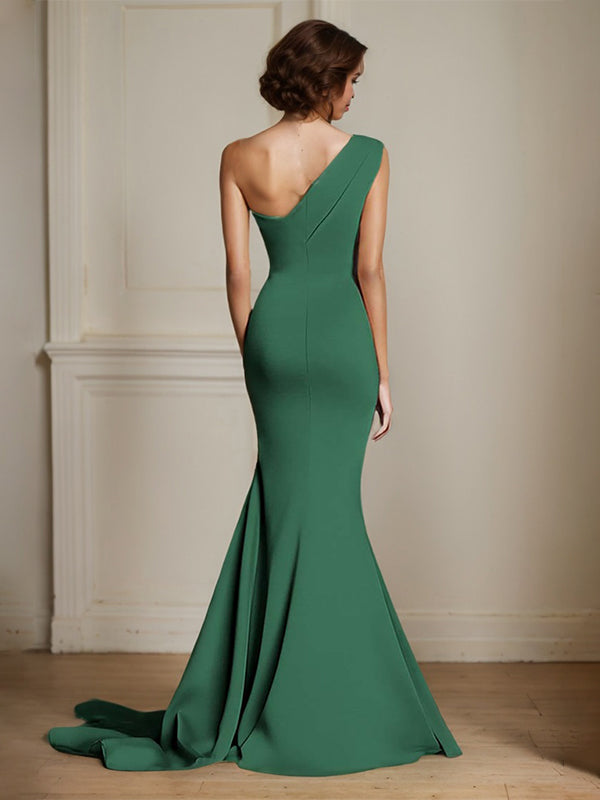 Elegant Khaki One Shouder Mermaid Ruched Long Satin Formal Dress