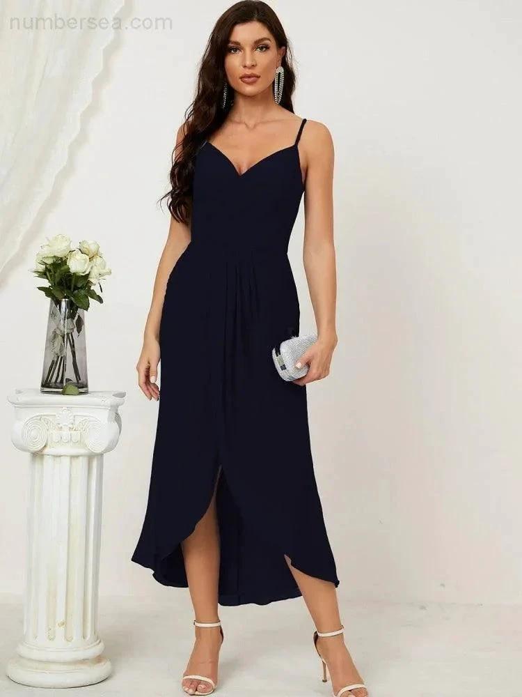 ZapDress Spaghetti Chiffon V Neck Bridesmaid Dress Mid-Length Slit Formal Prom Dress Homecoming Dress 2803 (ZD16952)
