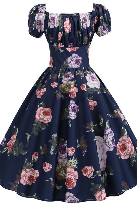 Dark Navy A-Line Print Swing Dresses - Fashionpara