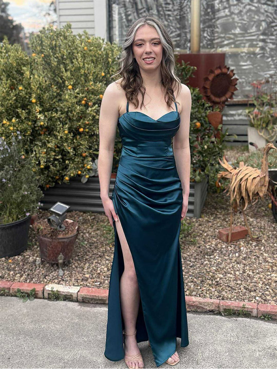 Dark Teal Satin Side Ruching Cowl Neck Prom Dress with High Slit - FashionDia