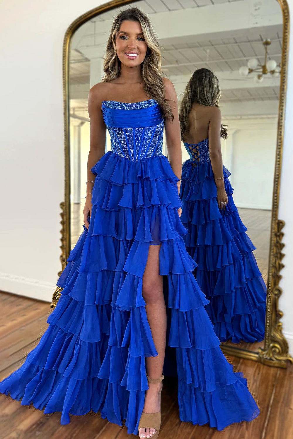 Gorgeous Royal Blue A-Line Sparkly Long Layered Chiffon Prom Dress With Slit