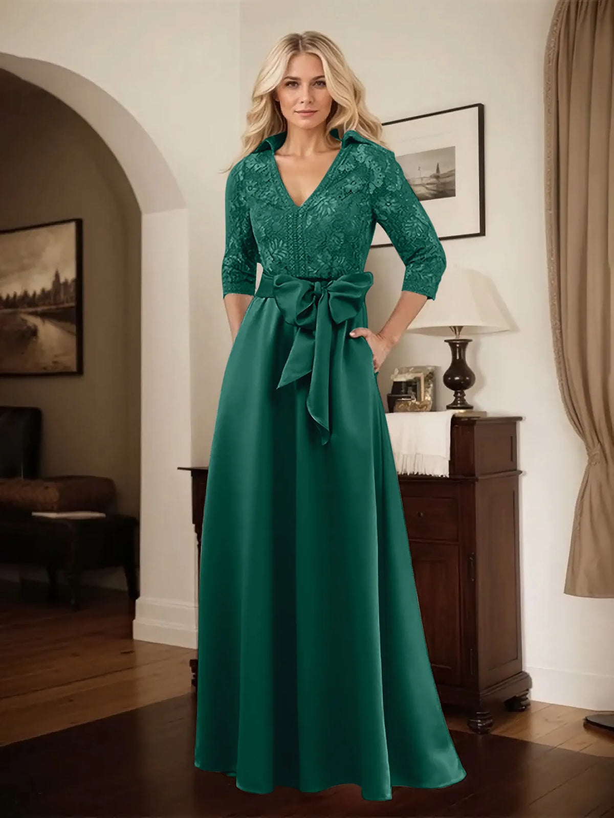 Classic V-Neck Bow Accented Satin Mother Of The Bride Dress With Lace - View 13 | FashionDia