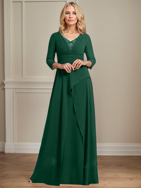 A-line V-Neck Floor-Length Chiffon Mother of the Bride Dress With Pleated Beading - View 14 | FashionDia