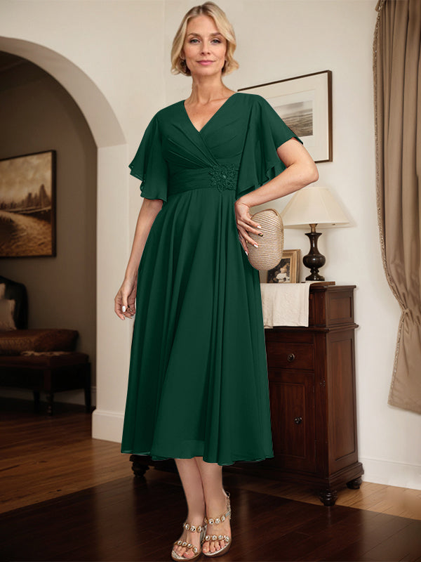 A-line V-Neck Tea-Length Chiffon Mother of the Bride Dress With Pleated Beading - View 13 | FashionDia