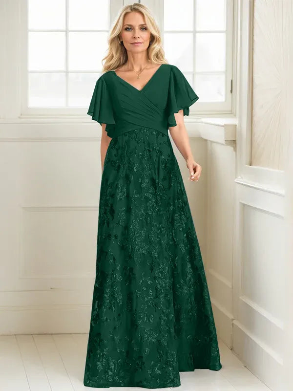 A-line V-Neck Floor-Length Lace Sequin Chiffon Mother of the Bride Dress With Pleated - View 9 | FashionDia