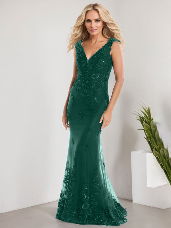 A-line V-Neck Floor-Length Lace Chiffon Mother of the Bride Dress With Applique Sequins Mermaid Dresses - View 12 | FashionDia