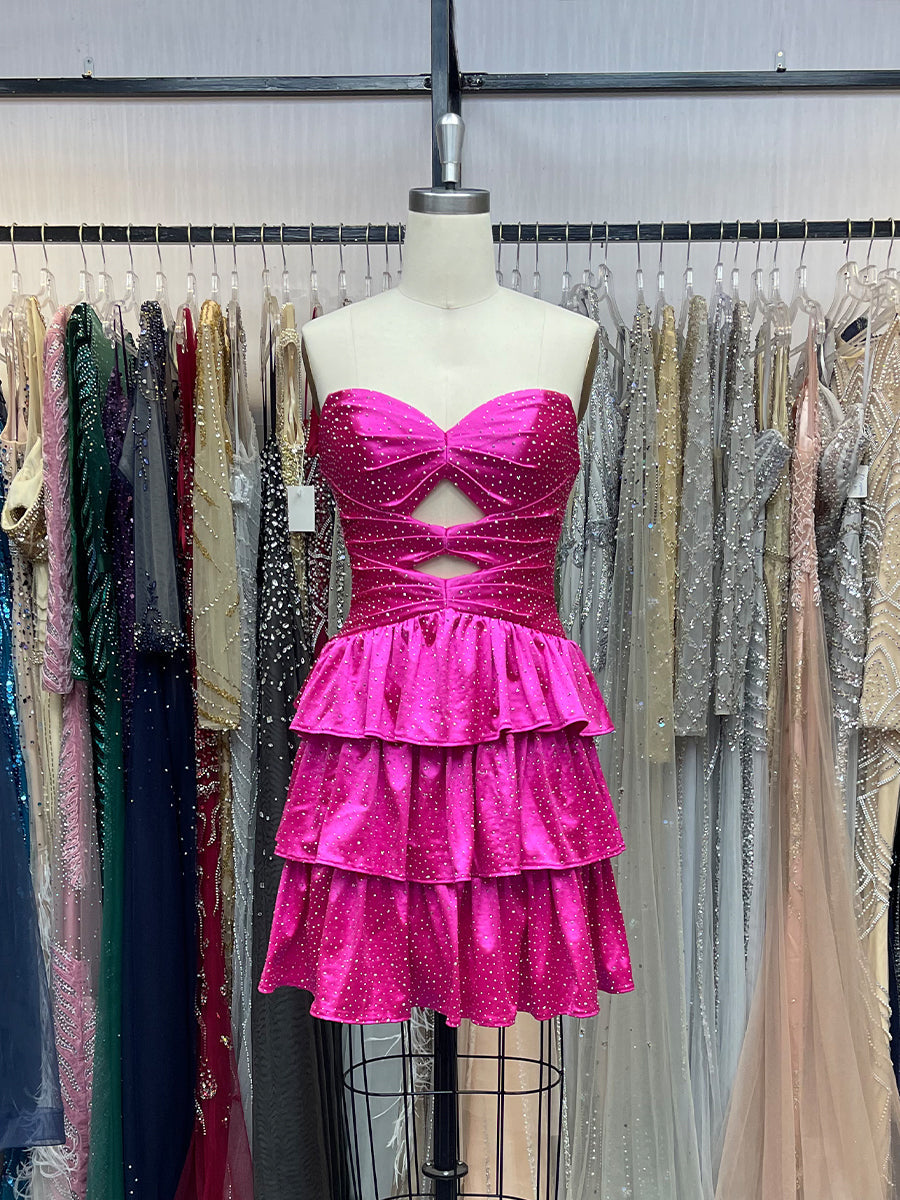 A Line Strapless Sweetheart Satin Homecoming Dress with Keyhole