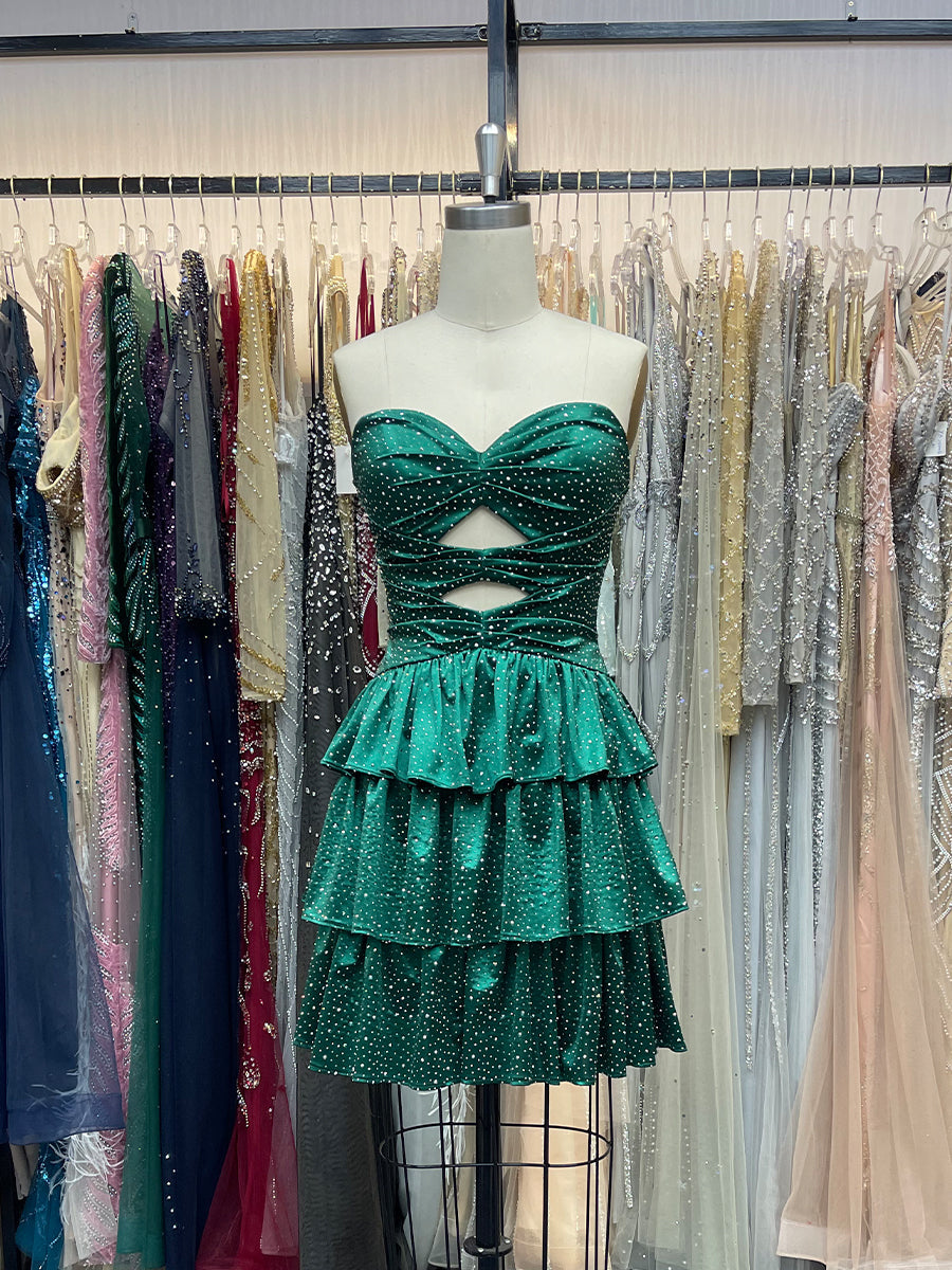 A-Line Strapless Sweetheart Satin Homecoming Dress with Keyhole - FashionDia