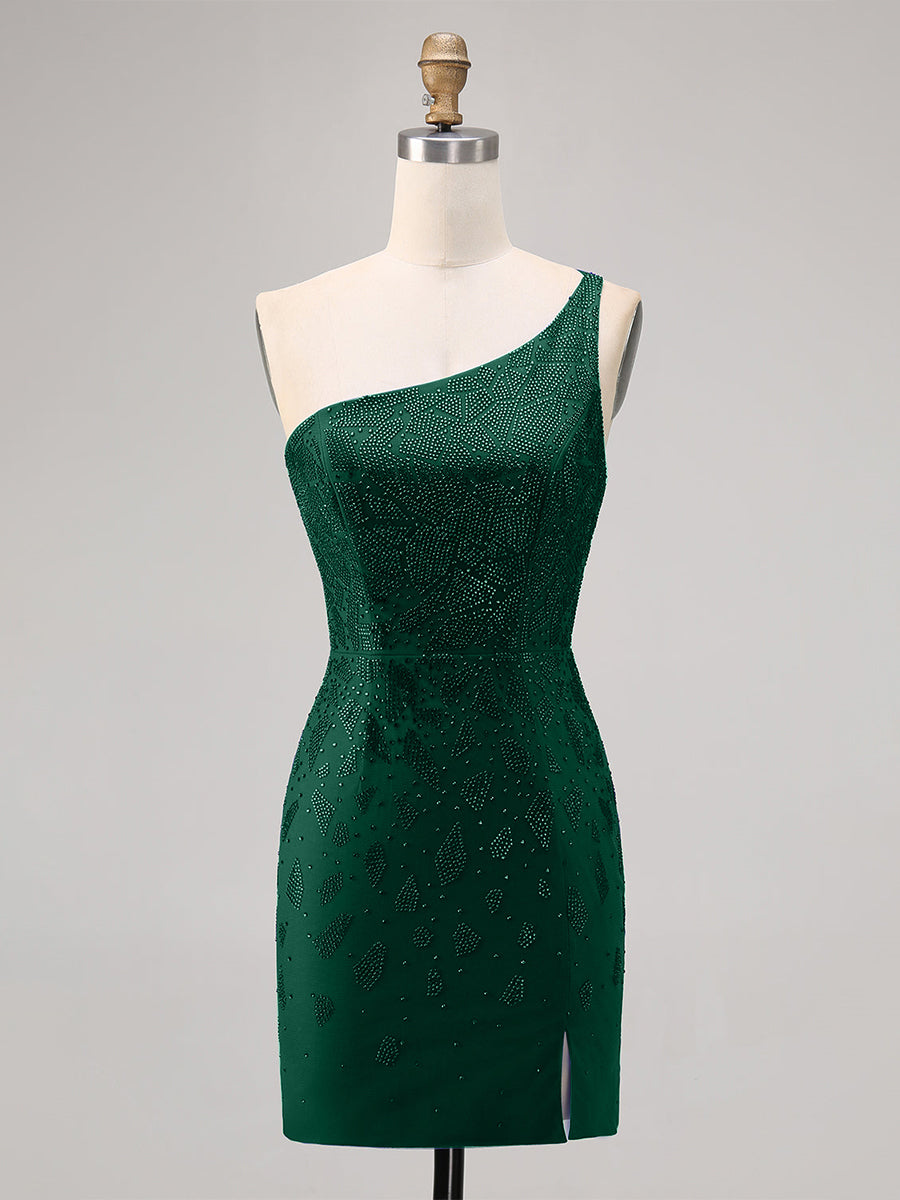 Bodycon One-Shoulder Beaded Homecoming Dress with Slit - FashionDia