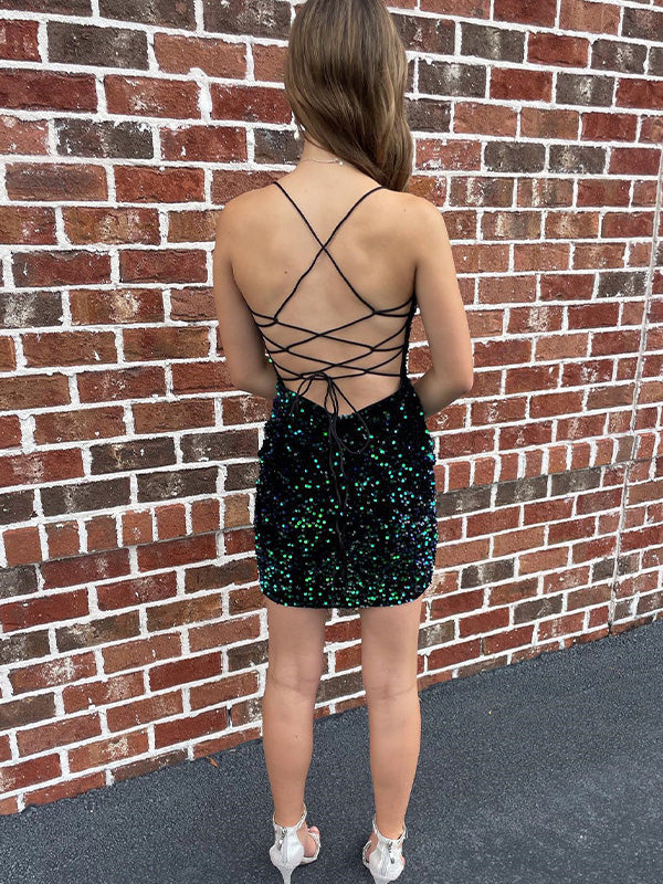 V Neck Sequin Bodycon Short Homecoming Dress