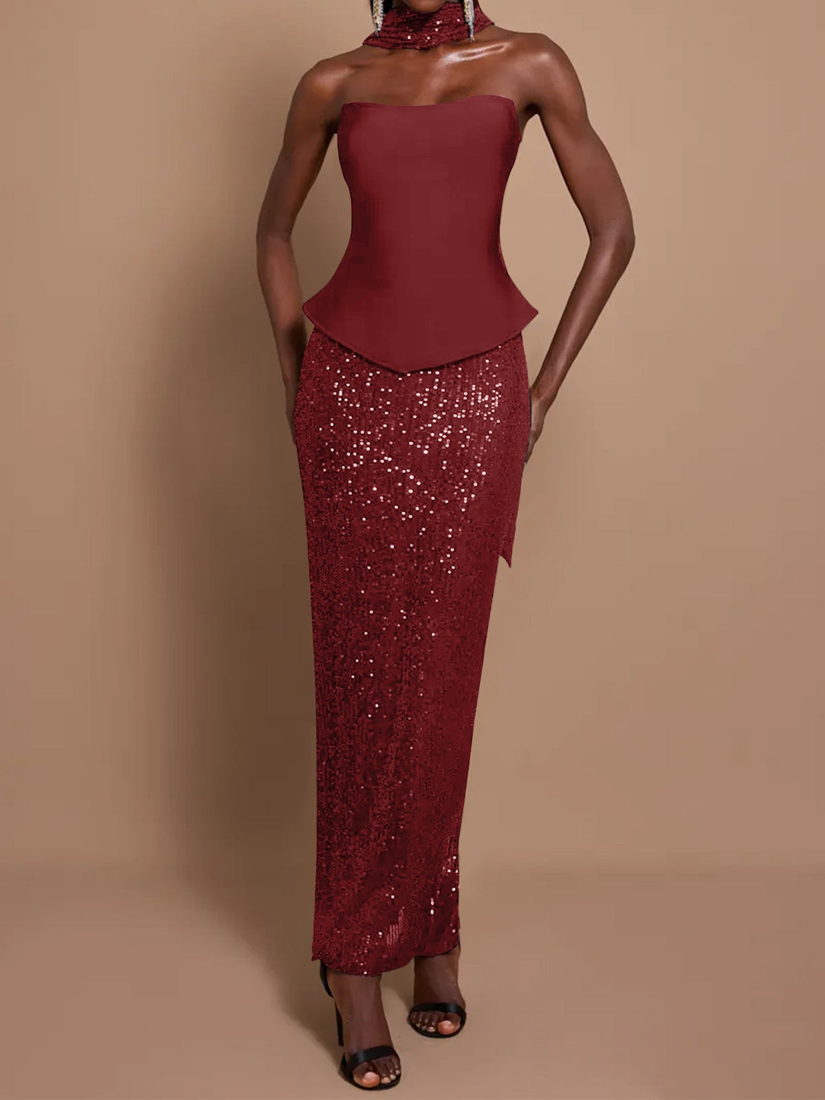 Off-Shoulder Bandage Top & Sequin Midi Skirt Set - View 7 | FashionDia