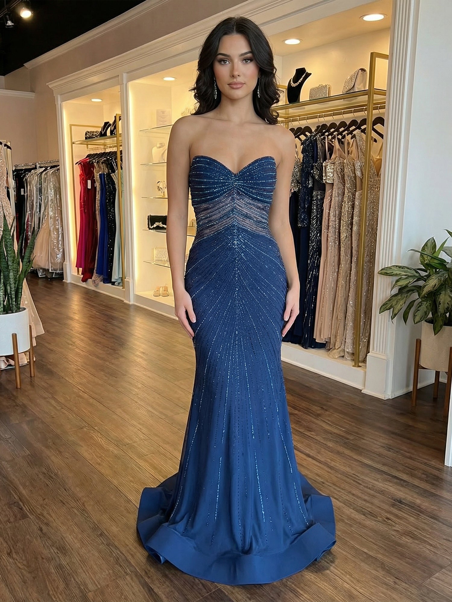Dazzling Navy Blue Strapless Beaded Mermaid Prom Dress