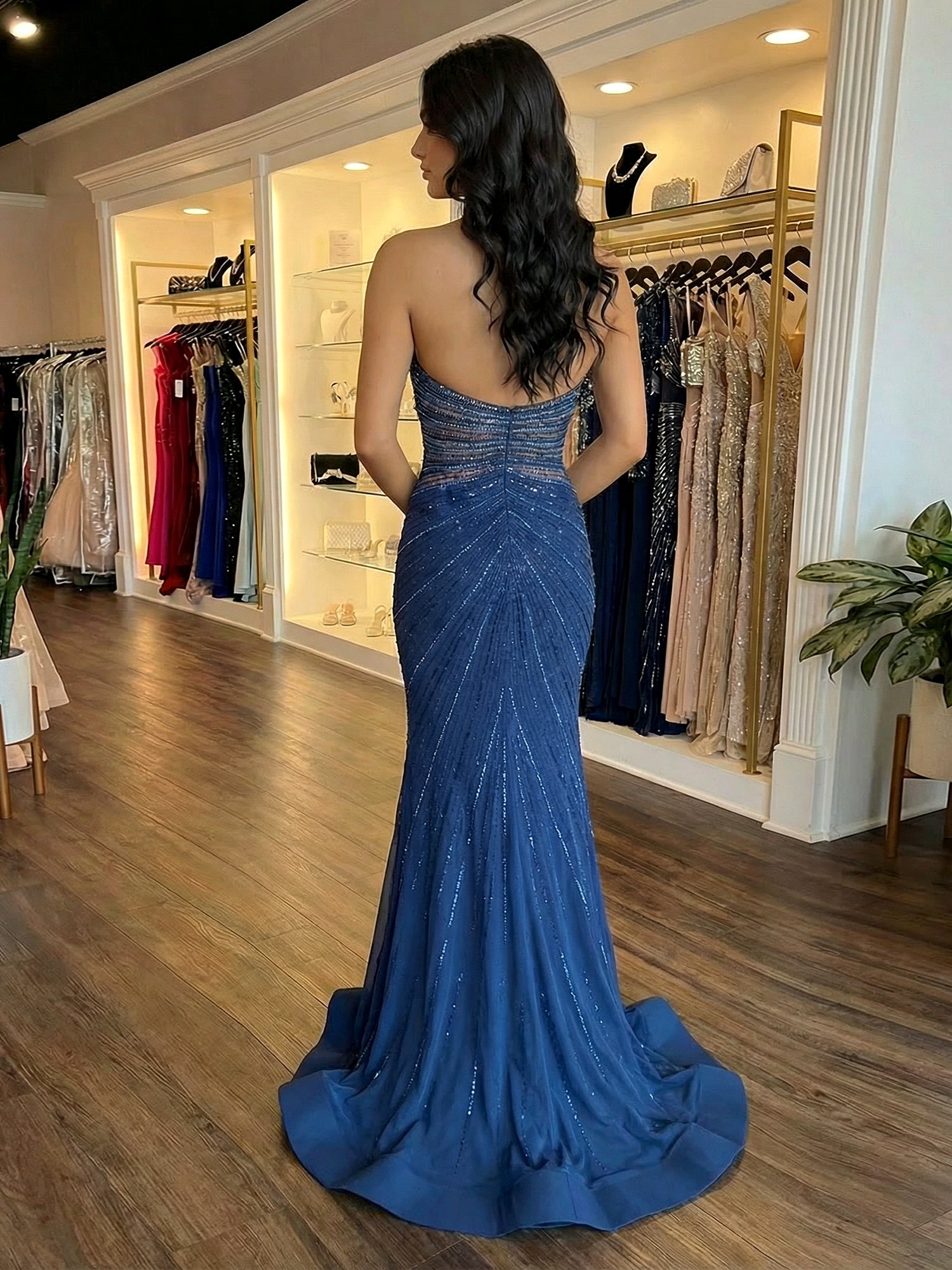 Dazzling Navy Blue Strapless Beaded Mermaid Prom Dress