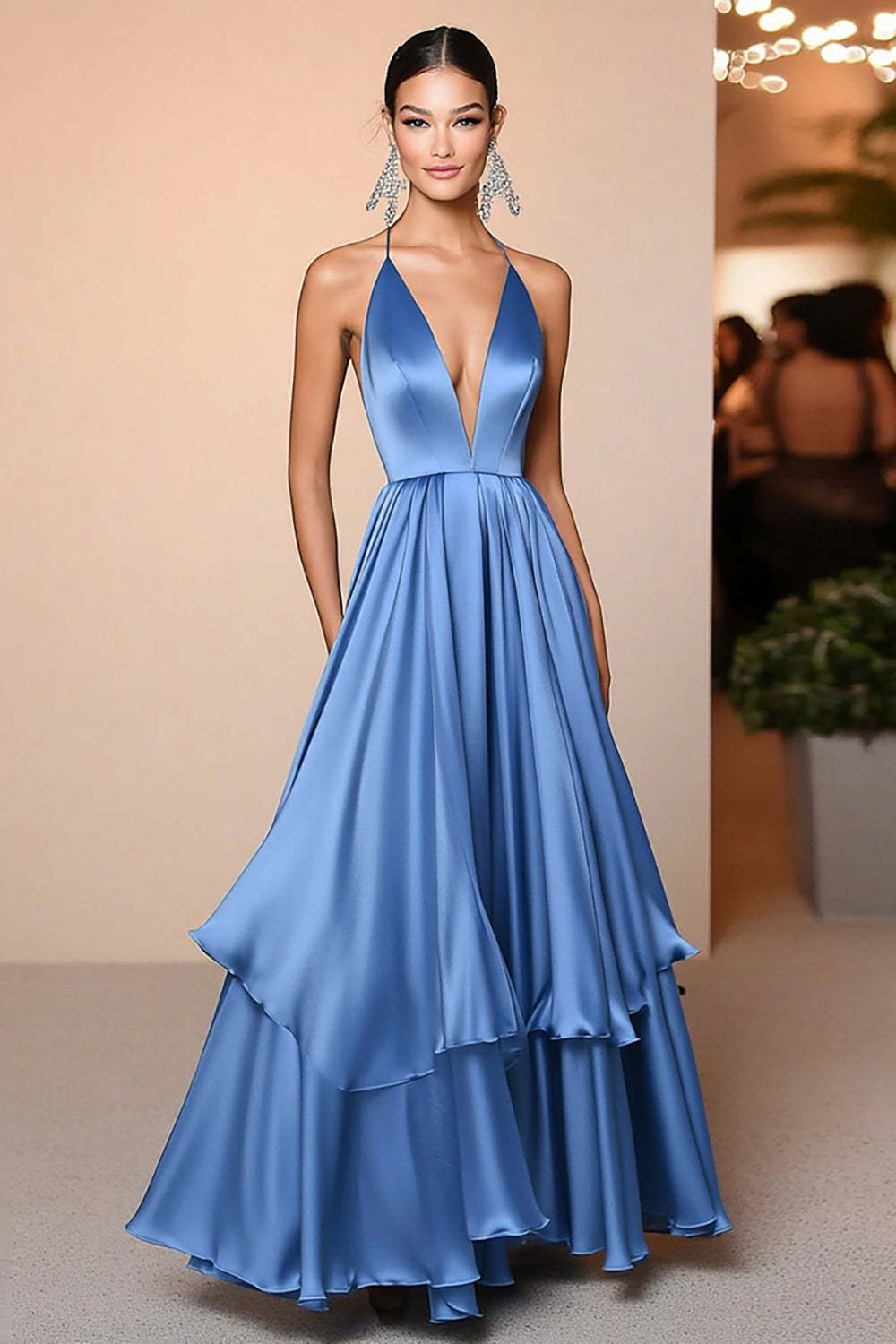 Deep V-Neck Floor Length Blue Wedding Guest Dress A Line Satin Formal Dress
