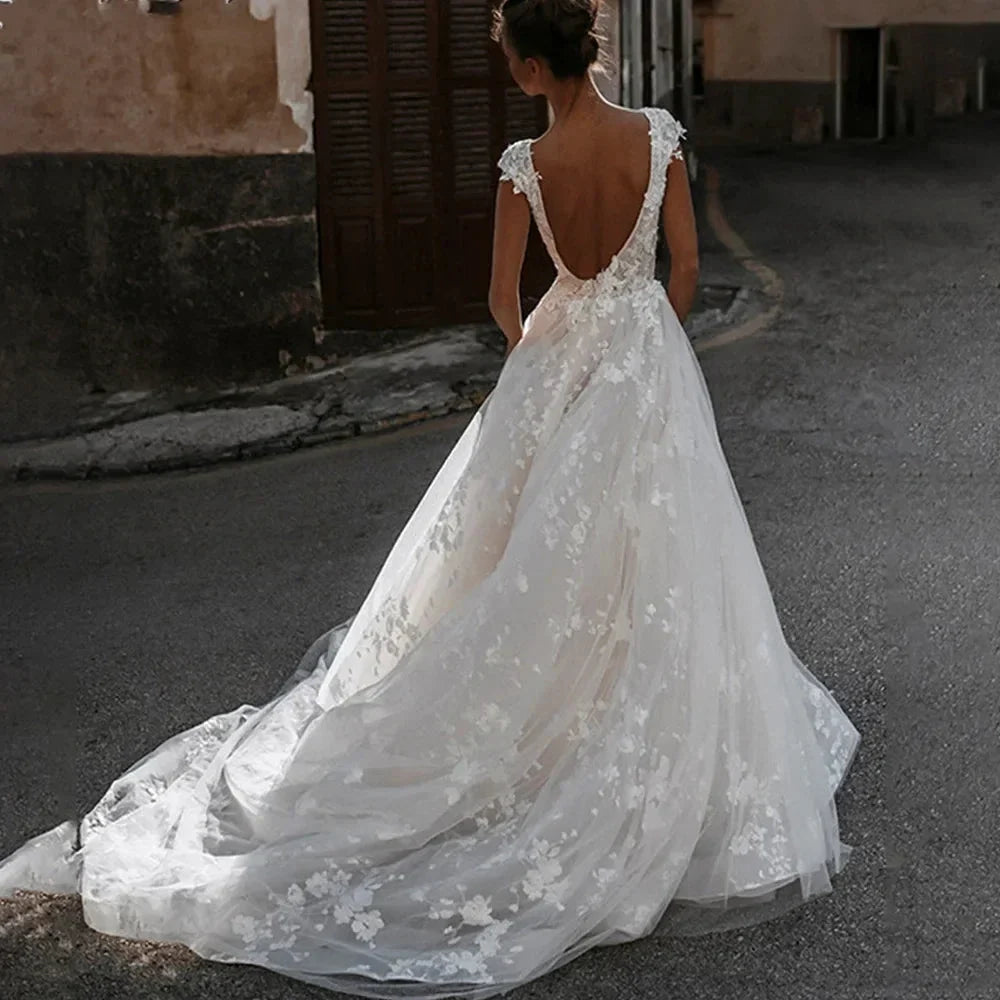 Deep V-neck Wedding Dresses Sexy Open Back Vestidos De Novia Cap Sleeve Appliques Vestido De Noiva (ZD14034)