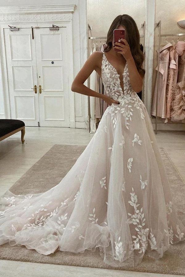 Deep V Neck Lace Wedding Dresses Romantic Bridal Gown With Train (ZD16211)