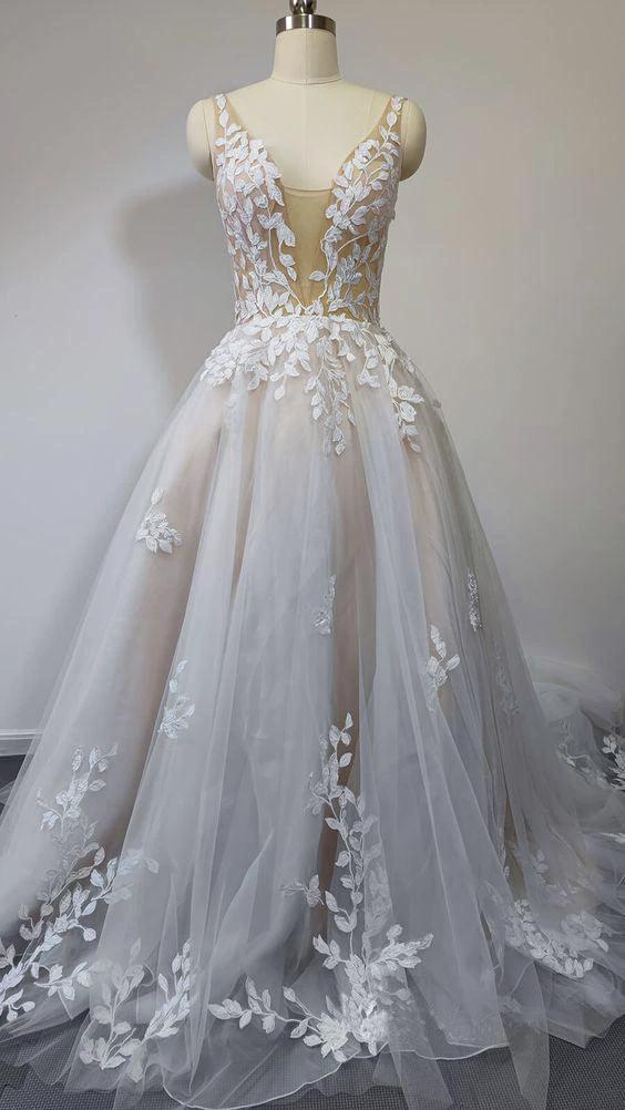 Deep V Neck Lace Wedding Dresses Romantic Bridal Gown With Train (ZD16211) - View 2 | VelvetHem