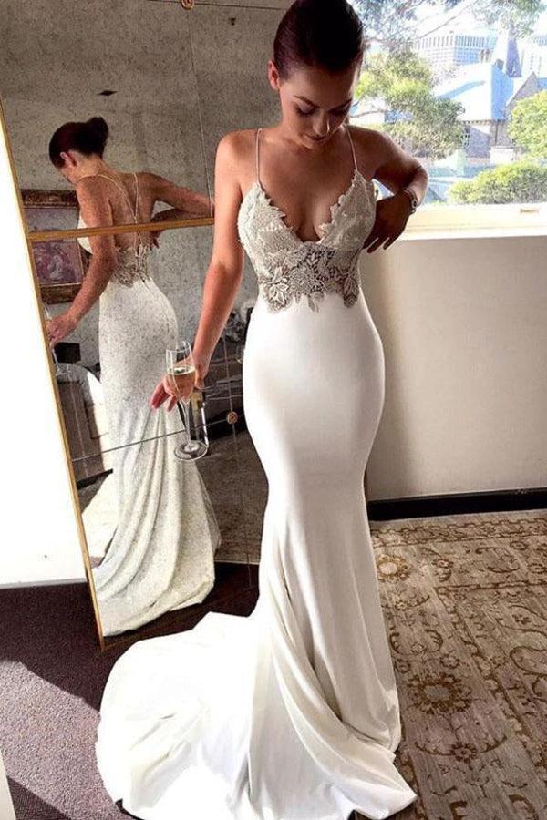 Deep V Neck Mermaid Spaghetti Straps Backless Wedding Dress (ZD16218)