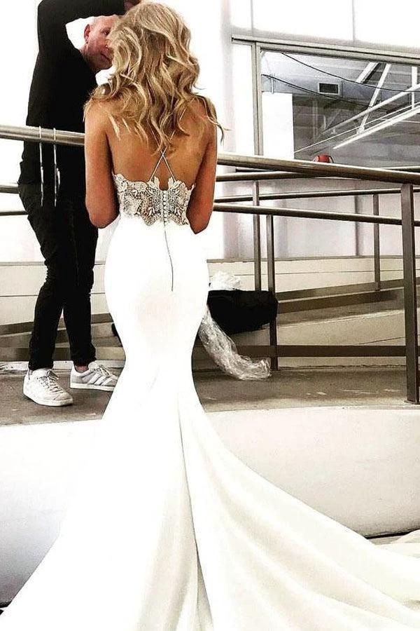 Deep V Neck Mermaid Spaghetti Straps Backless Wedding Dress (ZD16218)