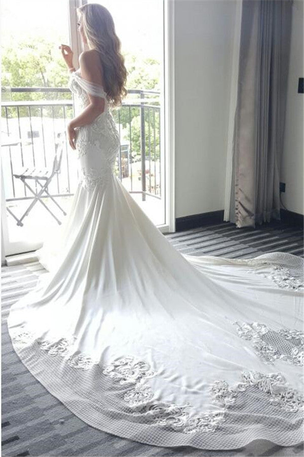 Delicate Lace-Appliques Mermaid Off-the-shoulder Train Wedding Dress