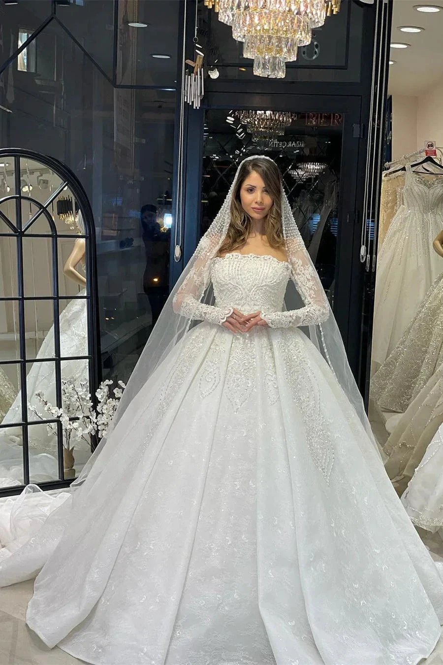 Deluxe Floor Length Long Sleeves A-Line Lace Wedding Dress with Ruffles (ZD14798) - VelvetHem