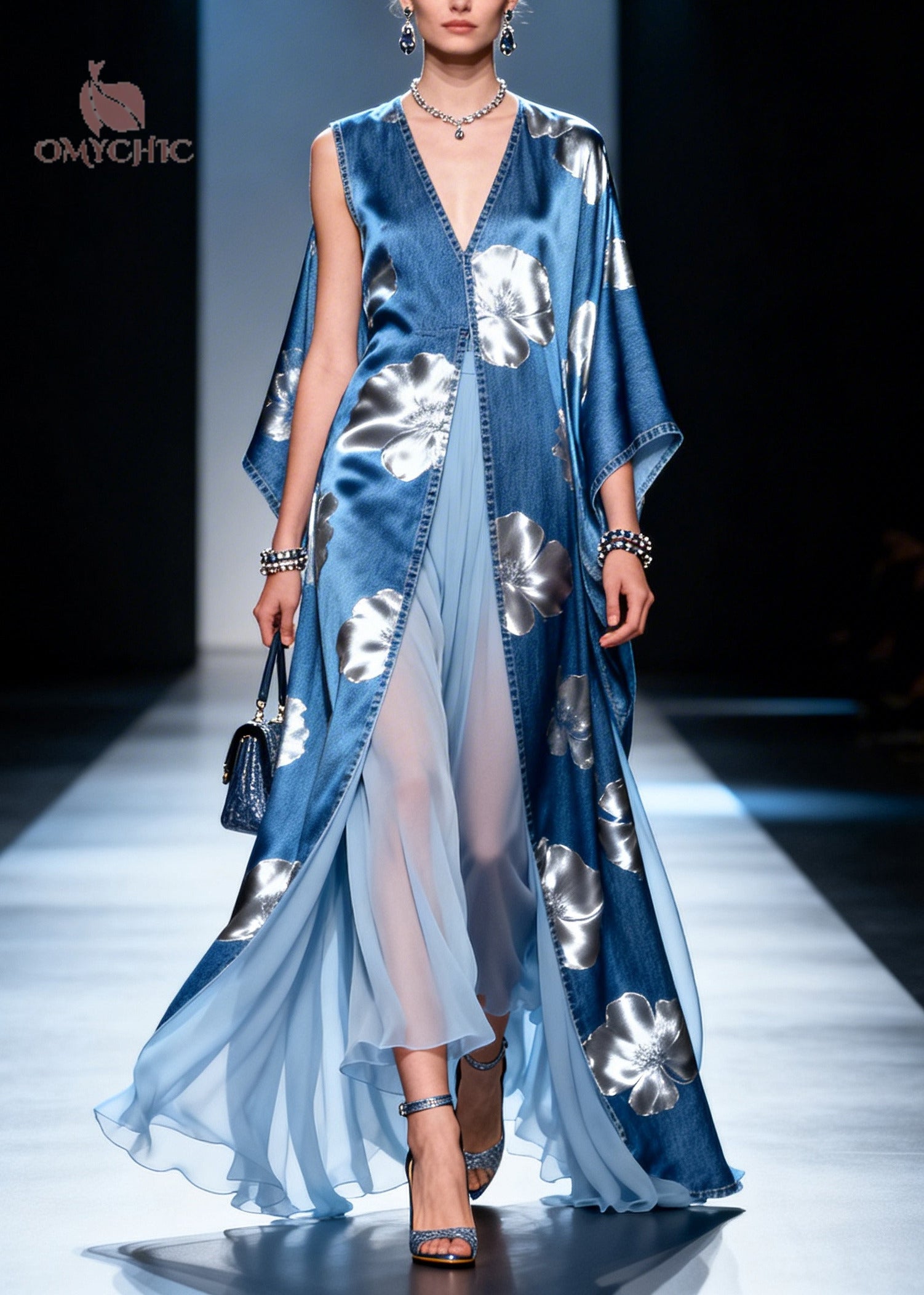 Denim Blue Patchwork Chiffon Dresses Asymmetrical Side Open Summer