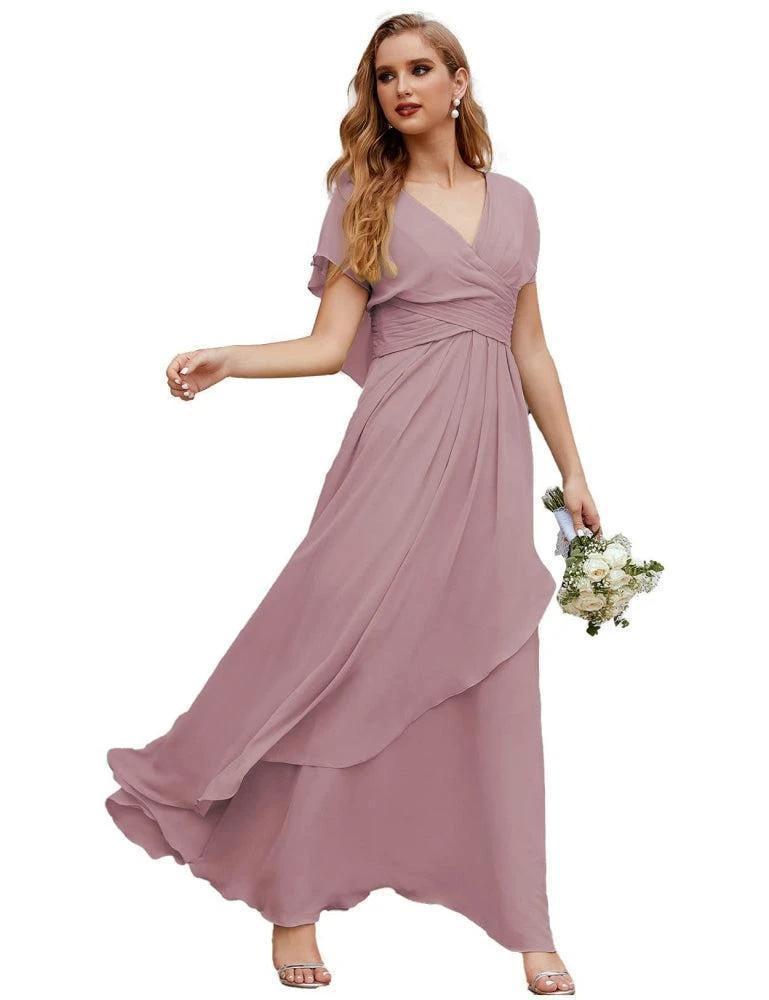 Numbersea Chiffon Bridesmaid Dresses Long Formal Evening Prom Mother of The Bride Dress with Flutter Sleeve SEA28040 by numbersea