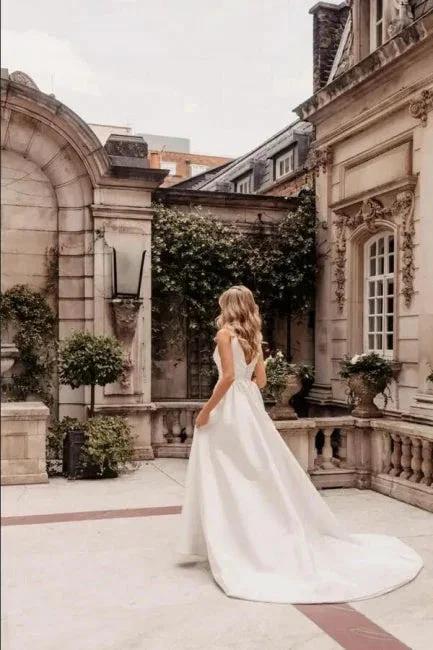 Designer Long A-Line V-neck Simple Satin Sleeveless Wedding Dress With Slit (ZD15642) - View 2 | VelvetHem