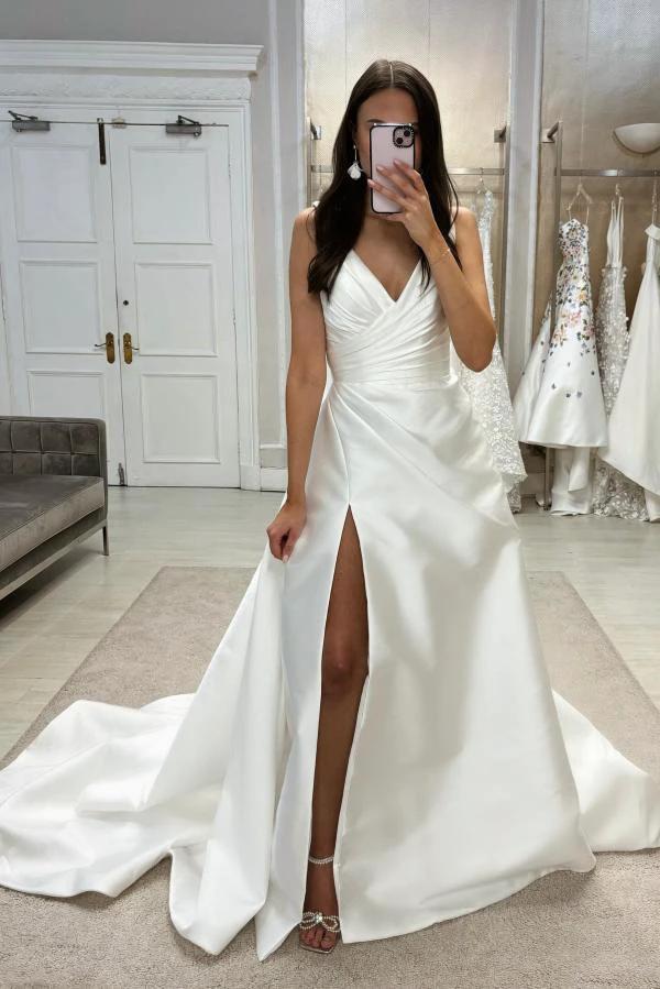 Designer Long A-Line V-neck Simple Satin Sleeveless Wedding Dress With Slit (ZD15642)