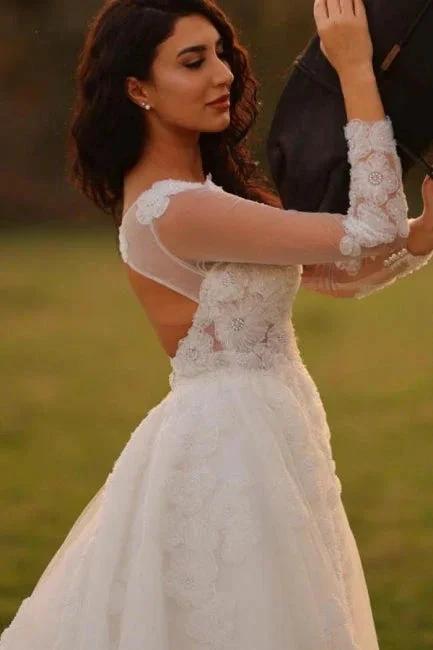 Designer Long A-line V-neck White Lace Wedding Dresses with Long Sleeves (ZD15610)