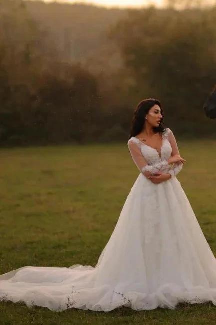 Designer Long A-line V-neck White Lace Wedding Dresses with Long Sleeves (ZD15610)